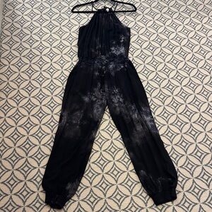 Mojo by Michelle Black Tie-Dye Halter Jumpsuit with Elastic Cuffs and crochet S